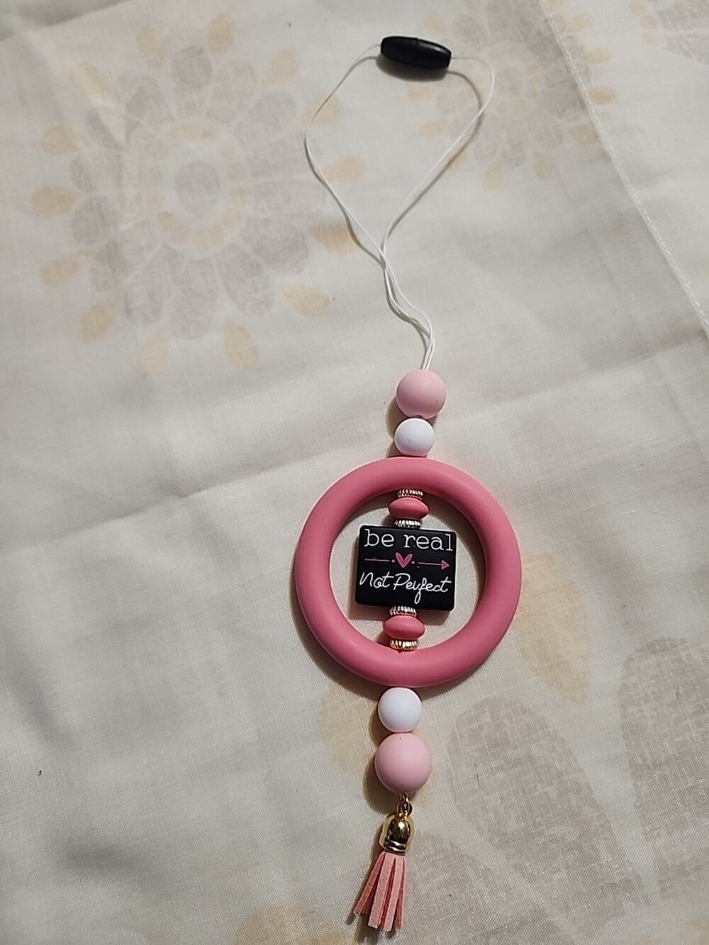 Beaded Car Charm For Rear View 'Be Real Not Perfect' Pink Handmade